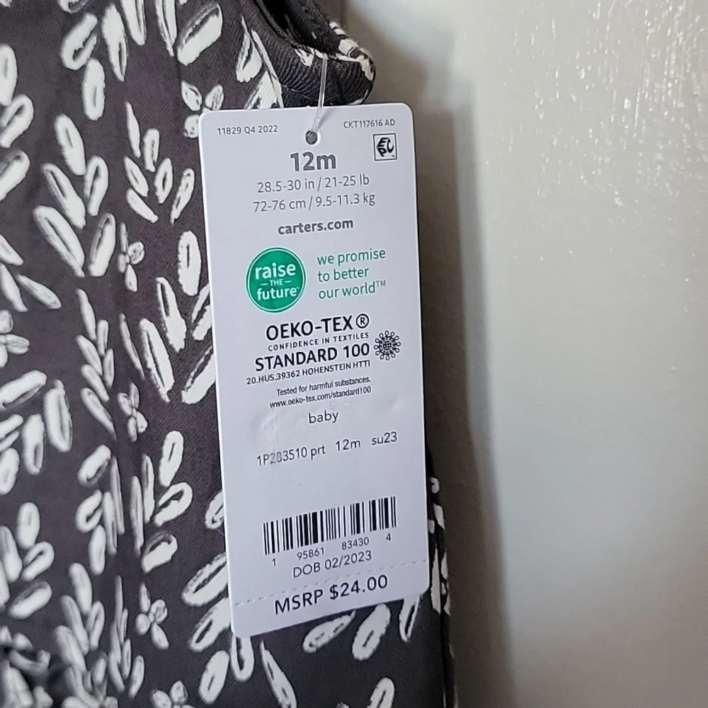 Carter's NWT, girls 12 months, 1 piece romper, charcoal gray and white.